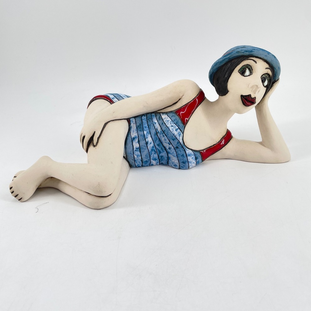 Handmade Signed Ceramic Art Pottery Figure Sexy 1920s Bathing Beauty Flapper 12"